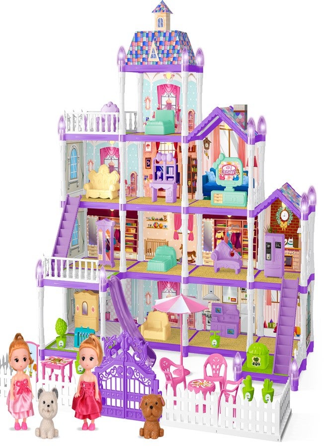 Seifar Doll House Playset for Kids Girls, 4 Storey, 13 Rooms, 3 Dolls & 2 Puppies, Furniture & Accessories for 5,6,7,8 Year Old Girls (Purple) - Image 1