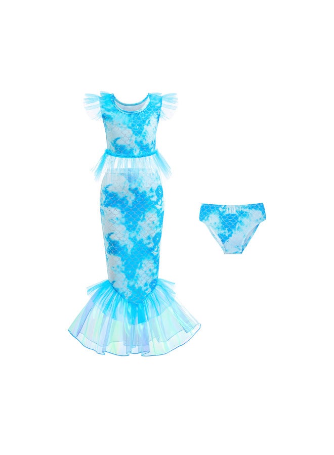 Children's Mermaid Colorful Swimsuit Skirt Three-piece Set With Underwear Girls Mesh Small Flying Sleeves Split Mermaid Tail