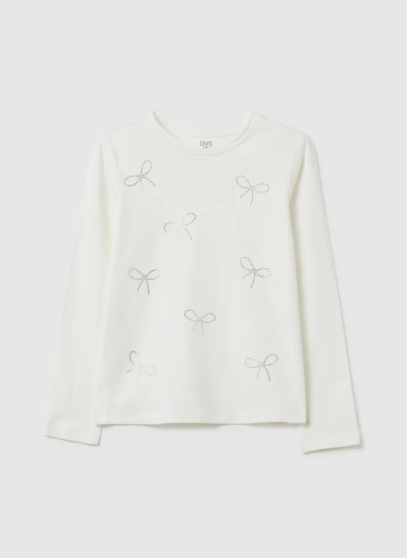 Ovs GIRLS' WHITE COTTON REGULAR FIT TOP WITH STRASS BOWS