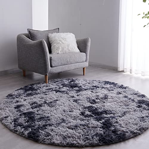 FJZFING Tie-Dyed Dark Grey Round Rug Ultra-Soft Plush Modern 5x5 Circle Area Rug for Kid's Bedroom, Fluffy Shag Circular Rug for Nursery Room, Non-Slip Tie-Dyed Dark Grey Rug for Teen's Room - Image 1