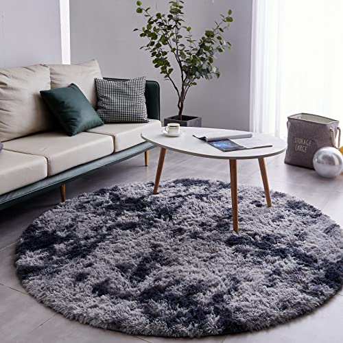 FJZFING Tie-Dyed Dark Grey Round Rug Ultra-Soft Plush Modern 5x5 Circle Area Rug for Kid's Bedroom, Fluffy Shag Circular Rug for Nursery Room, Non-Slip Tie-Dyed Dark Grey Rug for Teen's Room - Image 2