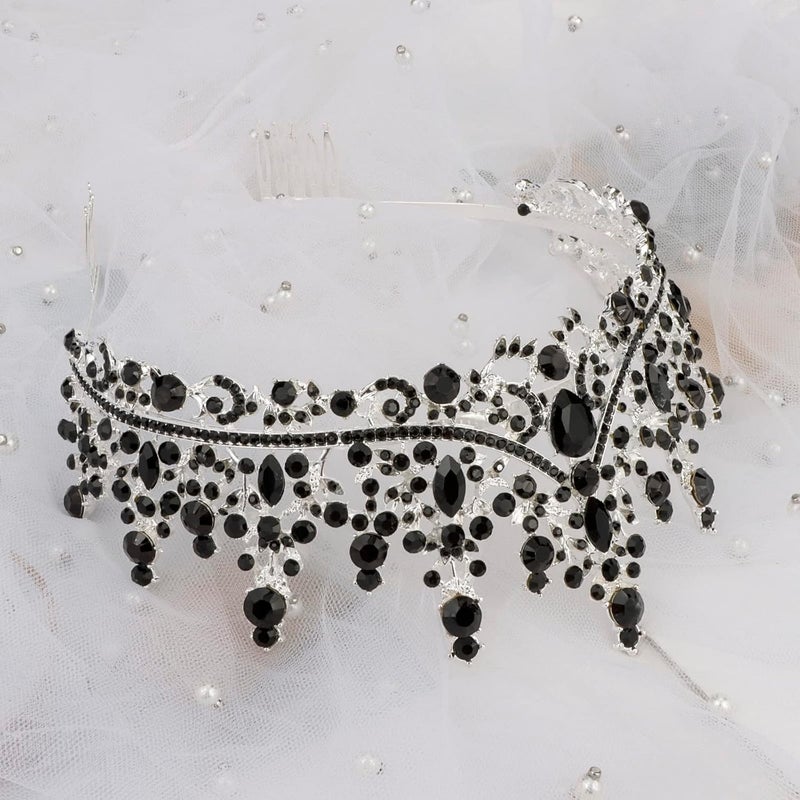 Cocide Black Crowns for Women Tiaras Girls Silver Crystal Rhinestones Queen Crown Princess Tiara Party Wedding Bridal Halloween Costume Cosplay Bridesmaids Accessories, Black, Comb type - Image 2