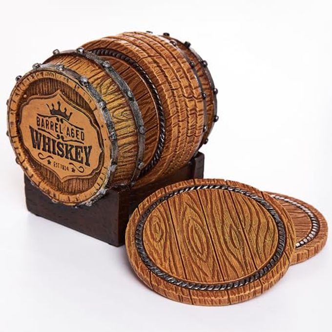 Cabin Obsession Whiskey Barrel Coaster Set  Handcrafted Whiskey Barrel Decor for Whiskey Lovers and Man Cave Gifts for Men 6 Full Size Whiskey Coasters with Barrel Style Holder for Man Cave Dcor - Image 2