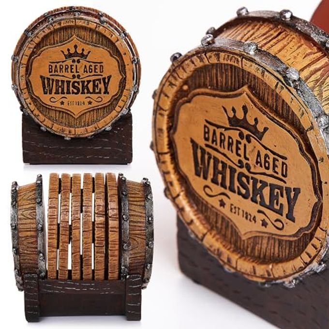Cabin Obsession Whiskey Barrel Coaster Set  Handcrafted Whiskey Barrel Decor for Whiskey Lovers and Man Cave Gifts for Men 6 Full Size Whiskey Coasters with Barrel Style Holder for Man Cave Dcor - Image 3