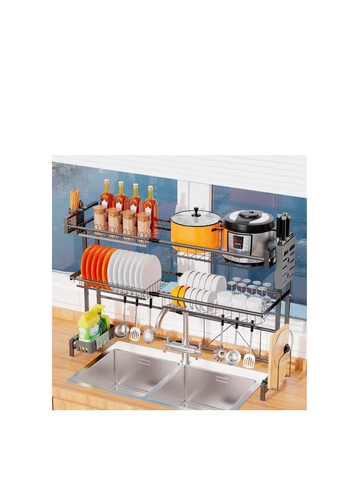 YOMYM Dish Drying Rack Over Sink,YOMYM Retractable Double Layer Drainer Shelf - Rust Resistant Carbon Steel Frame with Removable Utensil Holder -Space Save Must Have (Black, 39 inch)  - Image 1