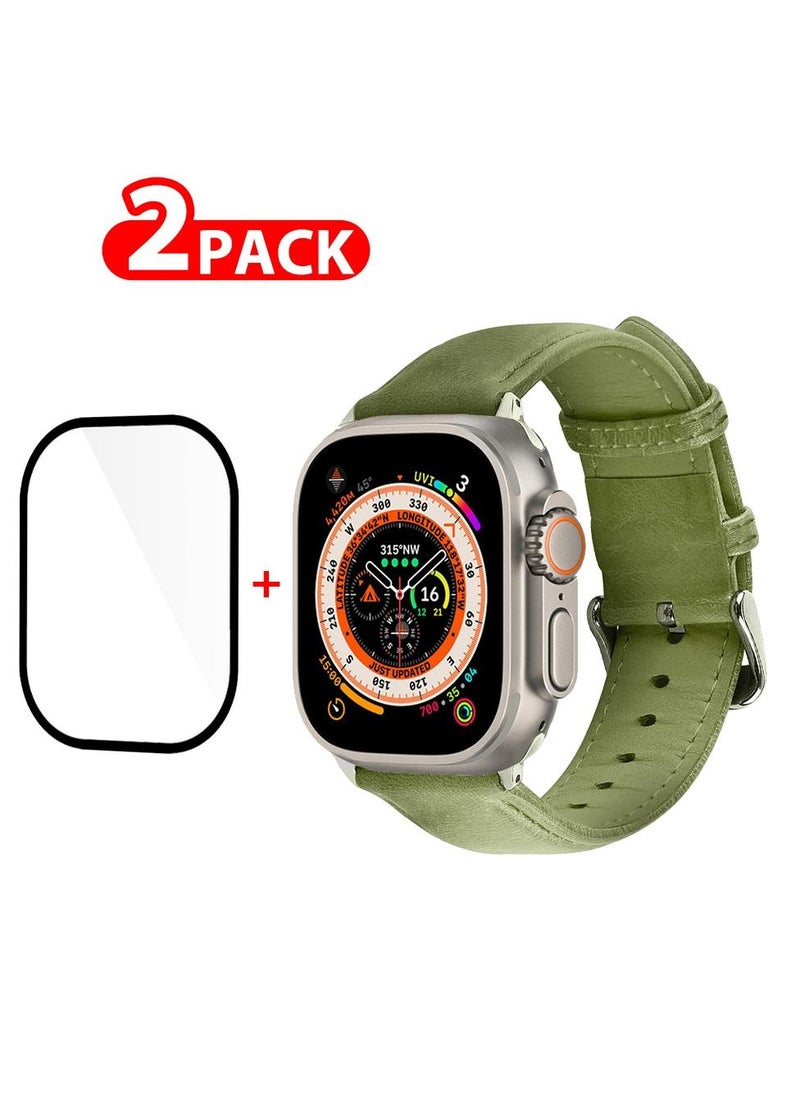 CATANES 2 Packs For Apple Watch Band 49mm Leather Band Buckle Strap Wristband and 3D Screen Protector Olive Green  - Image 1