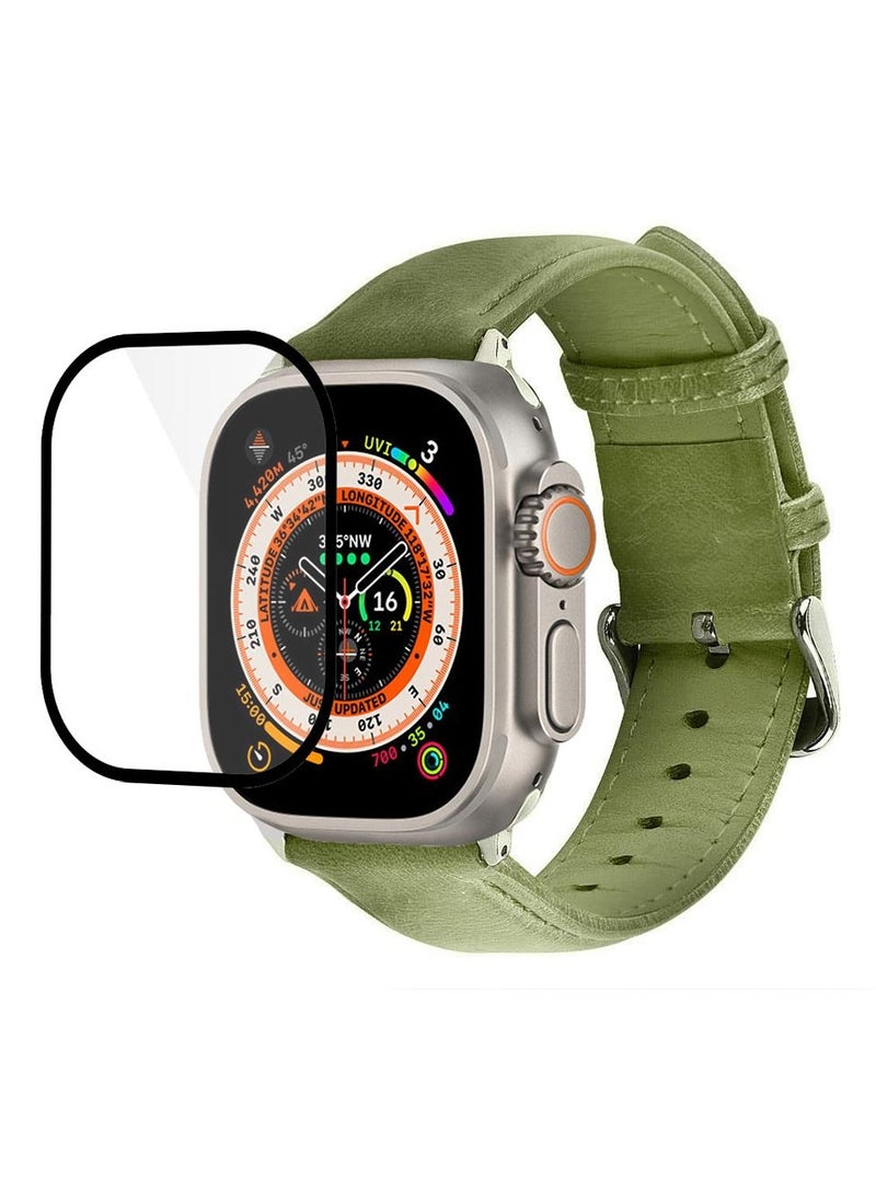 CATANES 2 Packs For Apple Watch Band 49mm Leather Band Buckle Strap Wristband and 3D Screen Protector Olive Green  - Image 3