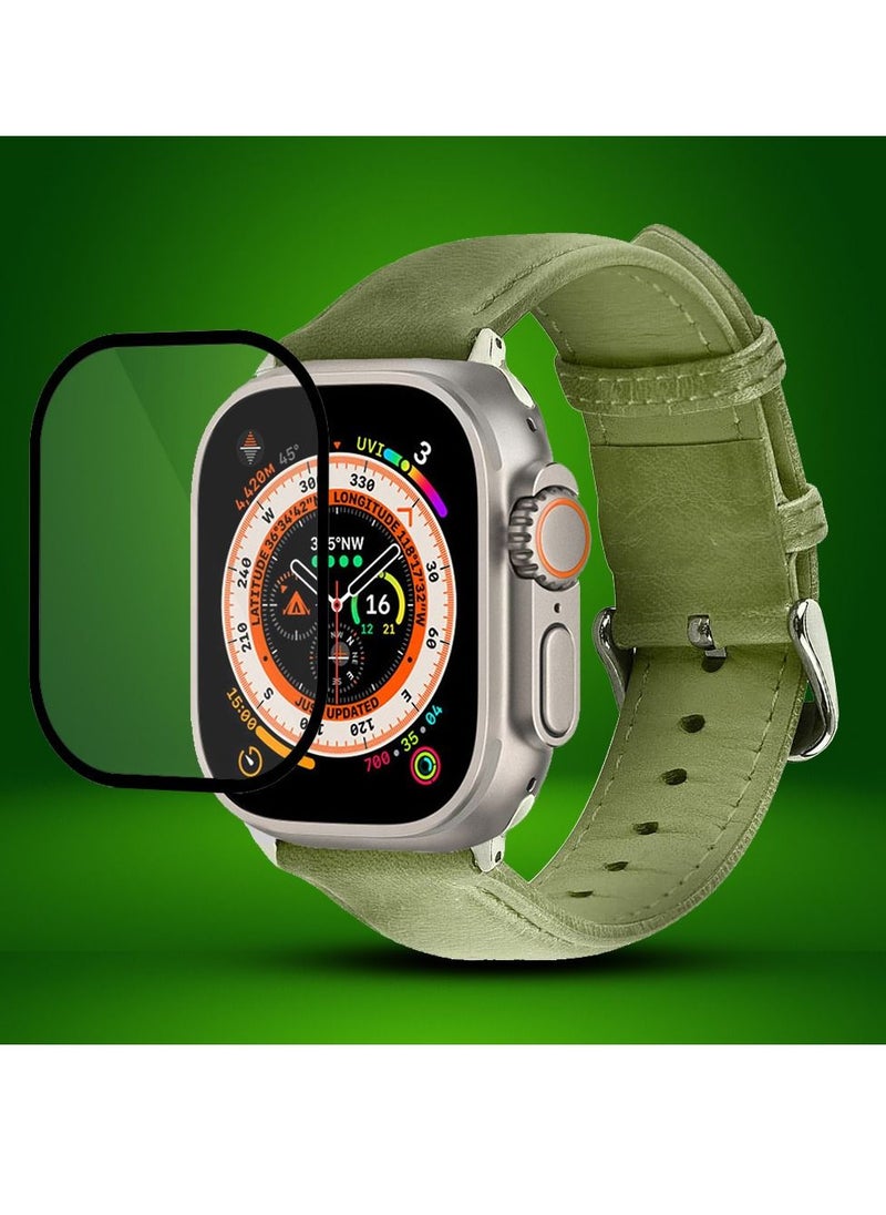 CATANES 2 Packs For Apple Watch Band 49mm Leather Band Buckle Strap Wristband and 3D Screen Protector Olive Green  - Image 2