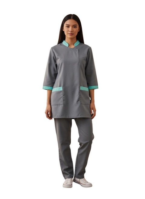 Professional Housekeeping Uniform Set,3/4 Sleeve Top and Pants, Mandarin Collar housekeeping uniform dress housemaid dress