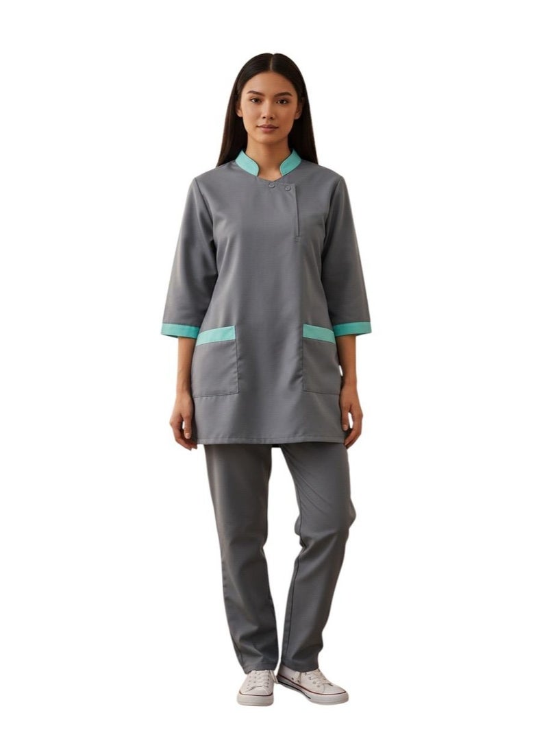 Dee's Fashion Professional Housekeeping Uniform Set,3/4 Sleeve Top and Pants, Mandarin Collar housekeeping uniform dress housemaid dress - Image 1