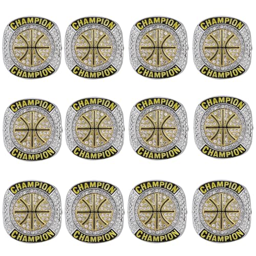 CHXIXUE Size 7 to 14 Basketball Championship Rings 12 Packs Basketball Ring Trophy Award Winner MVP Collectible Gift Champion Ring (12 Pack rings, 8) - Image 1