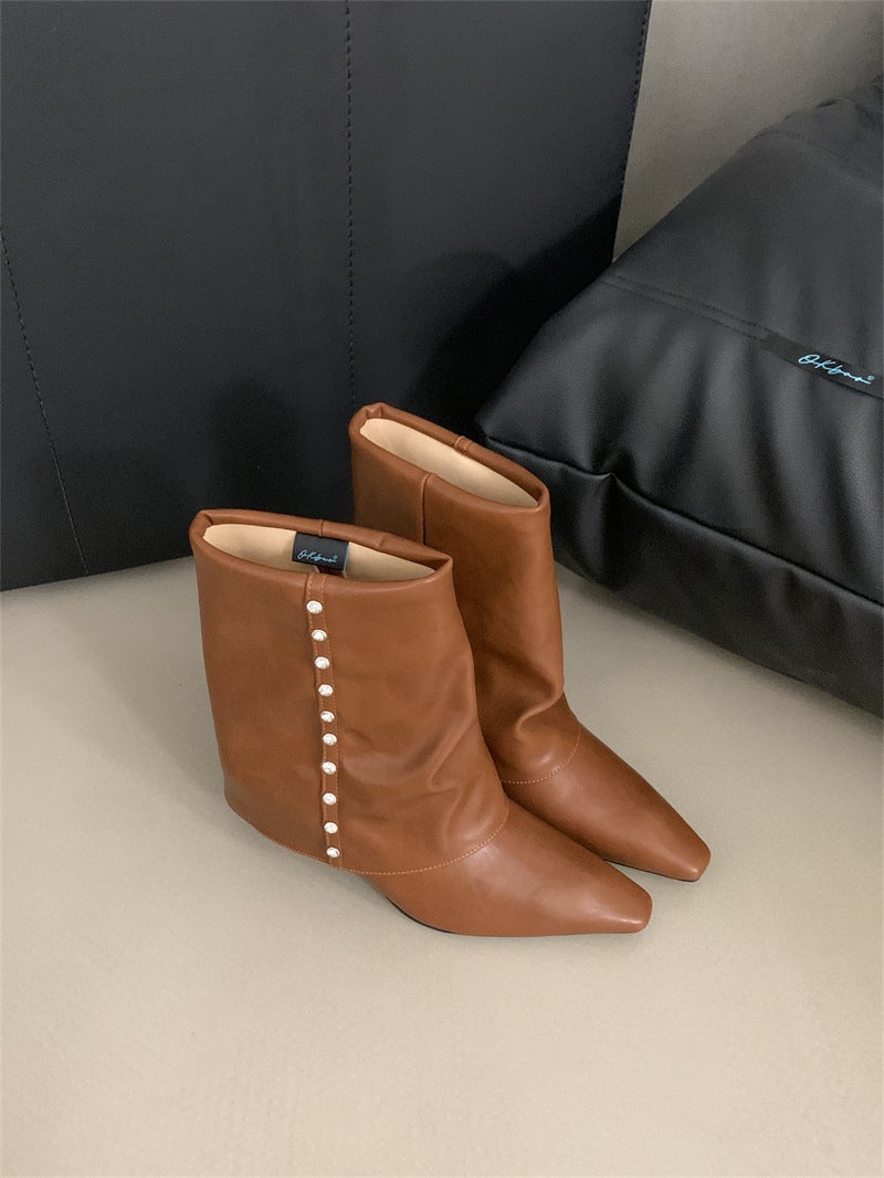 Design Sense High Boots New Pointed Thick Heel Trousers Boots 2024 Winter Elegant Middle Boots Knight High Heel Boots - Image 1