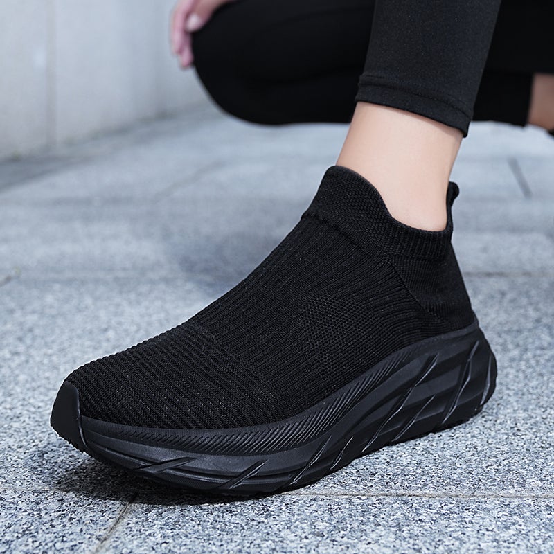 Spring Mens Shoes 2025 New Thick-Soled Casual Travel Socks Shoes Mens One-Legged Fly-Knit Running Sports Shoes All black 