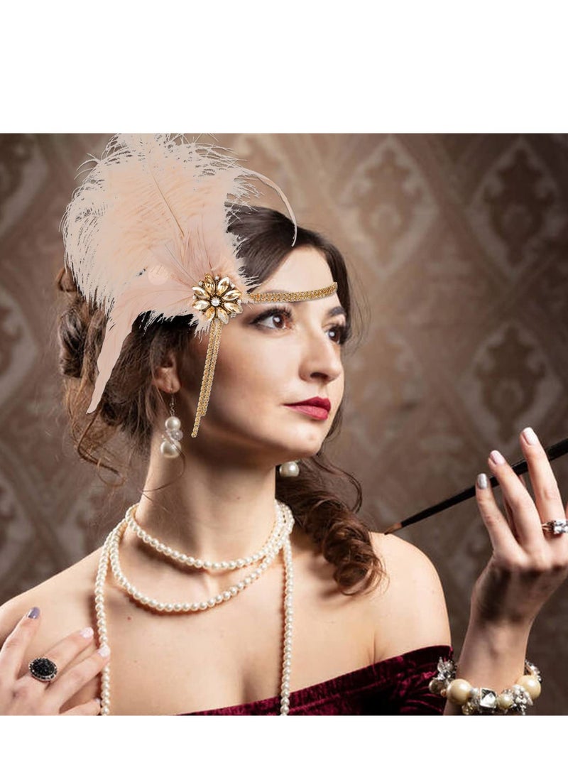 SYOSI 1920s Accessories Flapper Gatsby Costume Women Set 20s Flapper Headband Pearl Necklace Gloves Lace Fan Holder, Wood  - Image 2