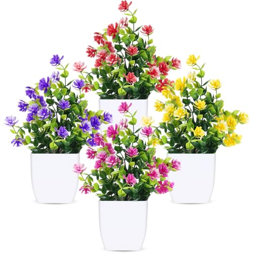 CEWOR Fake Flowers 4 Packs Artificial Plants Indoor Mini Eucalyptus Flowers Decorations for Spring Desk Wedding Bathroom Office Home Room Table Decor Indoor Outdoor - Image 1