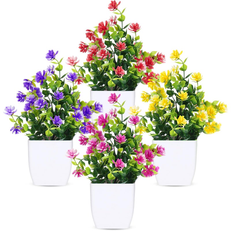CEWOR Fake Flowers 4 Packs Artificial Plants Indoor Mini Eucalyptus Flowers Decorations for Spring Desk Wedding Bathroom Office Home Room Table Decor Indoor Outdoor - Image 2