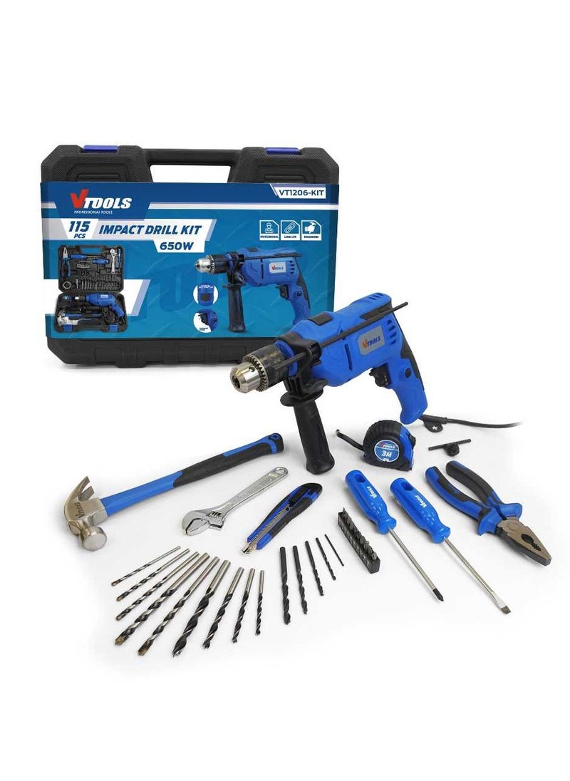 VTOOLS 115 Piece 650 Watt Impact Drill Driver & Home Tool Set DIY Hand Tool Kits For Home Office Garden Portable Storage Case  - Image 1