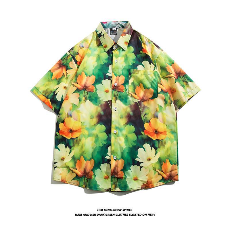 Summer Ins Vintage Floral Printed Short-Sleeved Shirt Men'S Fashion Brand Street Bf Lazy Style Couple Flower Shirt Jacket - Image 1