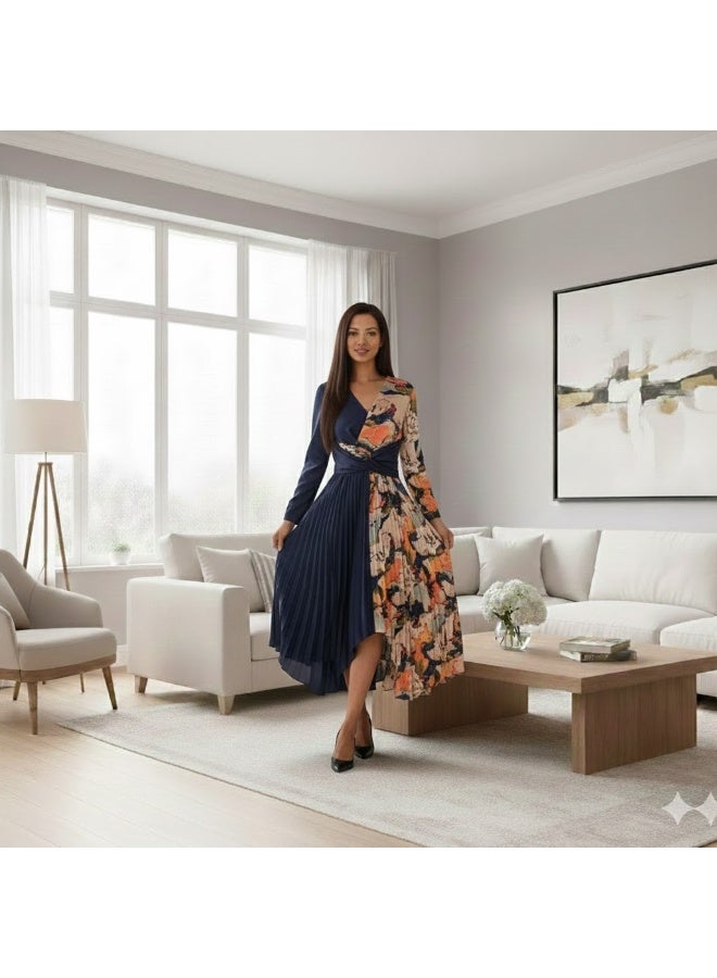 FULL JOY Elegant Women's Dress with a Luxurious, Modern Design; Pleated Silk Midi Dress In Navy With Long Sleeves; Evening Dresses, Occasion dresses - Image 1