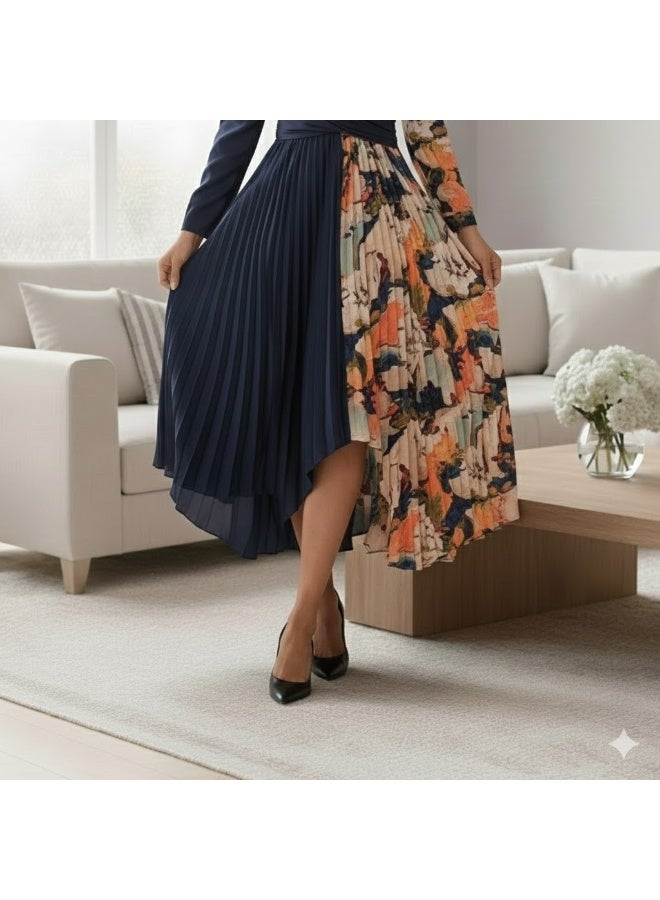 FULL JOY Elegant Women's Dress with a Luxurious, Modern Design; Pleated Silk Midi Dress In Navy With Long Sleeves; Evening Dresses, Occasion dresses - Image 5