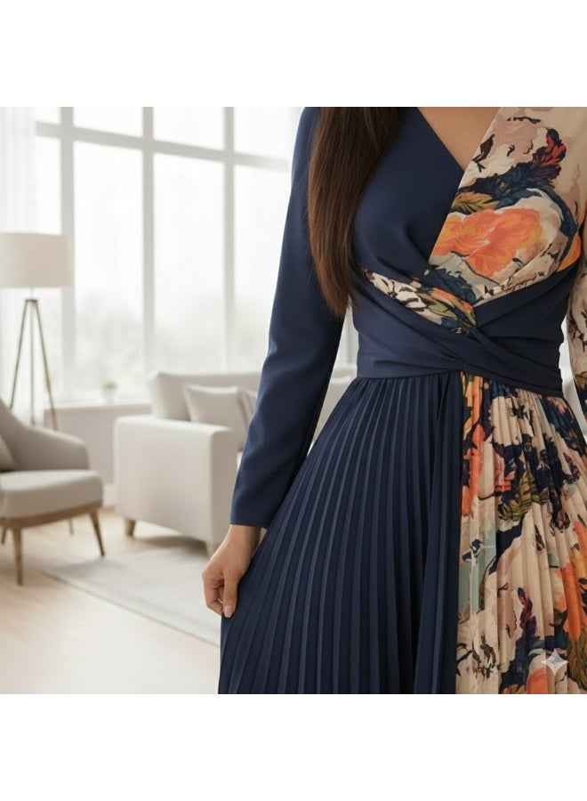 FULL JOY Elegant Women's Dress with a Luxurious, Modern Design; Pleated Silk Midi Dress In Navy With Long Sleeves; Evening Dresses, Occasion dresses - Image 4