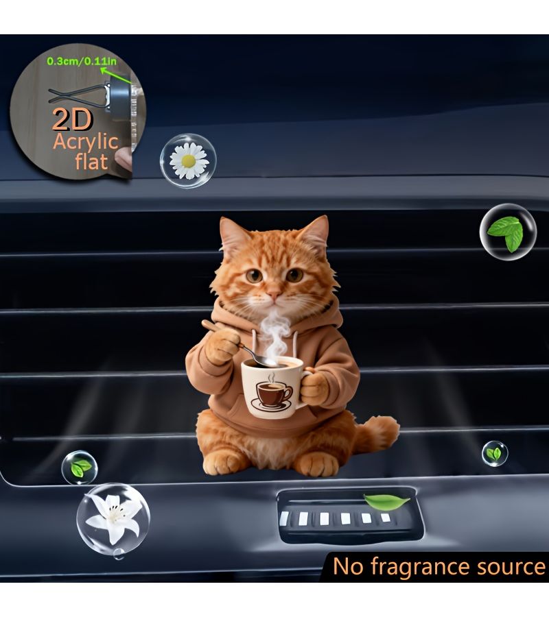 2D Flat Acrylic Car Air Vent Decoration 1pc Cute Orange Cat Drinking Hot Coffee Pattern Fashionable Air Freshener Lightweight Adorable Car Interior Decor Pet Themed - Image 1