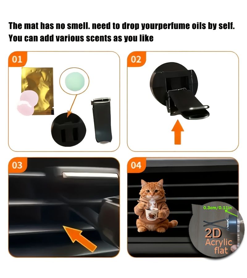 2D Flat Acrylic Car Air Vent Decoration 1pc Cute Orange Cat Drinking Hot Coffee Pattern Fashionable Air Freshener Lightweight Adorable Car Interior Decor Pet Themed - Image 4