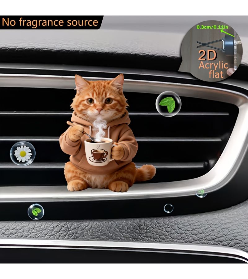 2D Flat Acrylic Car Air Vent Decoration 1pc Cute Orange Cat Drinking Hot Coffee Pattern Fashionable Air Freshener Lightweight Adorable Car Interior Decor Pet Themed - Image 5