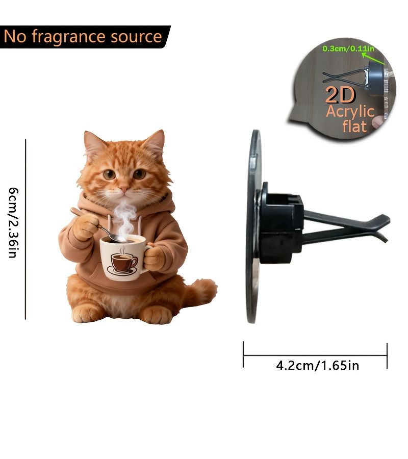 2D Flat Acrylic Car Air Vent Decoration 1pc Cute Orange Cat Drinking Hot Coffee Pattern Fashionable Air Freshener Lightweight Adorable Car Interior Decor Pet Themed - Image 2