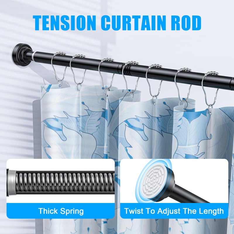 TEECK Shower Curtain Rod, 27-76 inch Adjustable Spring Tension Curtain Rod, Never Rust Anti-Slip Shower Curtain Rod for Bathroom, No Drilling, Never Collapse, Easy to Use, Black - Image 2