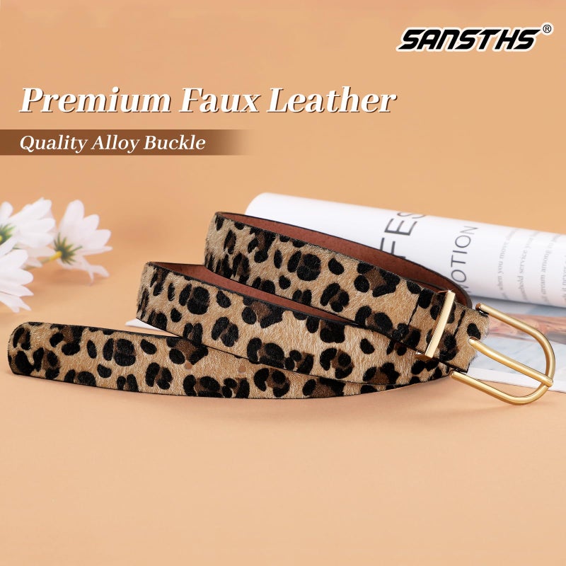 SANSTHS Women Faux Leather Chic Belts for Jeans Pants Dresses, Fashion Ladies Belt Solid Color with Gold Curved Pin Buckle, Leopard S - Image 5
