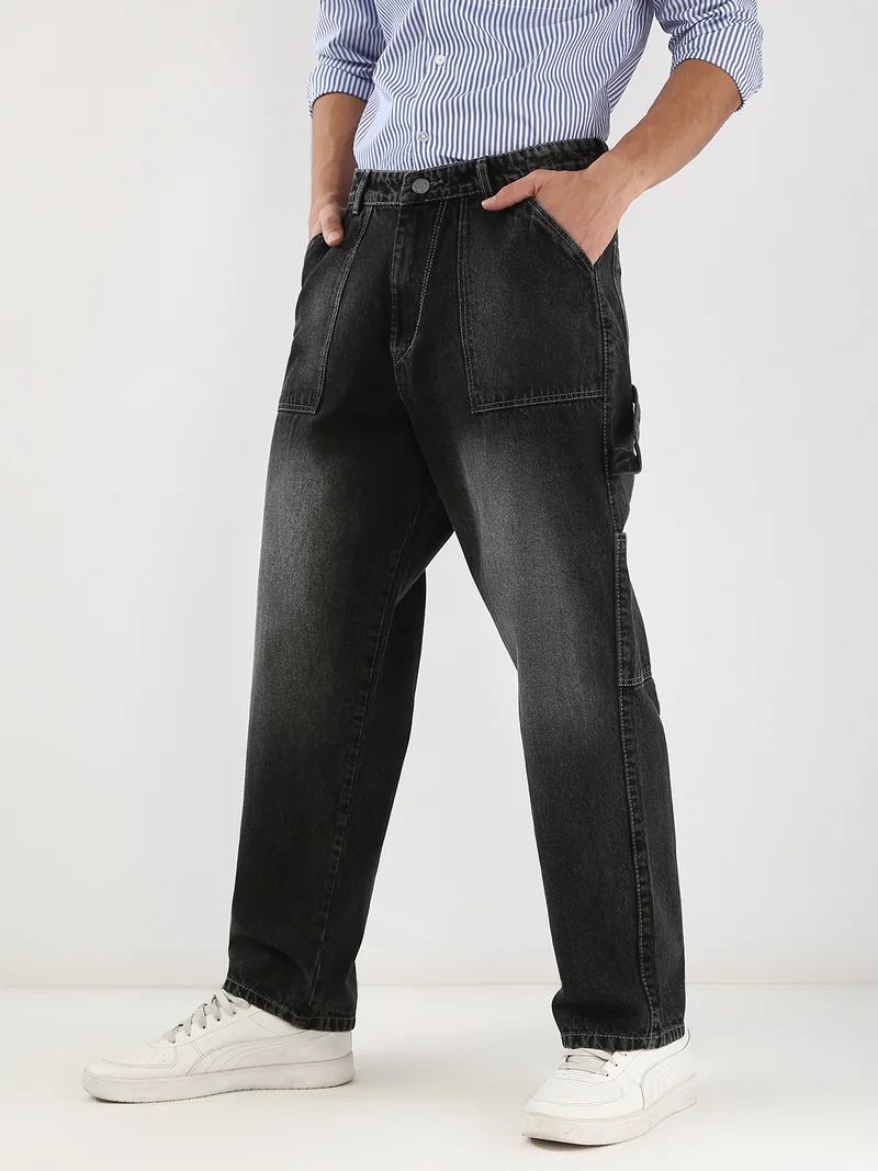Urbano Fashion Men's Black Loose Baggy Fit Cargo Carpenter Jeans with 6 Pockets Non-Stretchable