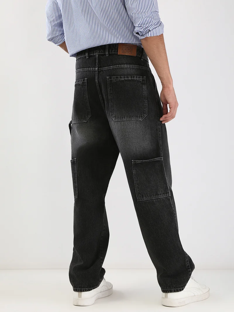 Urbano Fashion  Urbano Fashion Men's Black Loose Baggy Fit Cargo Carpenter Jeans with 6 Pockets Non-Stretchable  | Best Price UAE