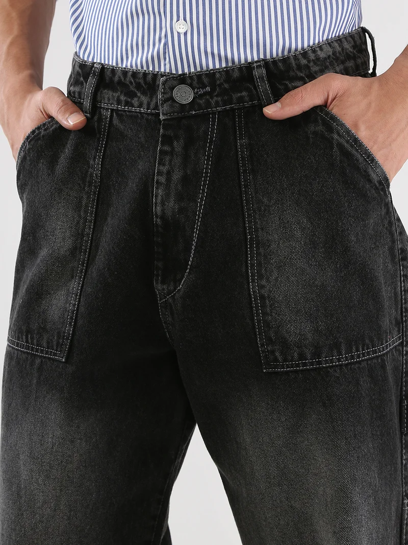 Urbano Fashion  Urbano Fashion Men's Black Loose Baggy Fit Cargo Carpenter Jeans with 6 Pockets Non-Stretchable  | Best Price UAE