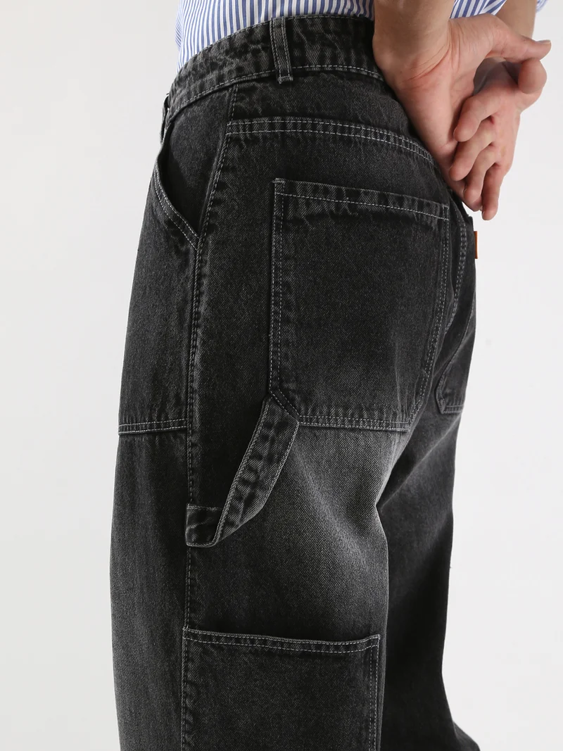Urbano Fashion  Urbano Fashion Men's Black Loose Baggy Fit Cargo Carpenter Jeans with 6 Pockets Non-Stretchable  | Best Price UAE