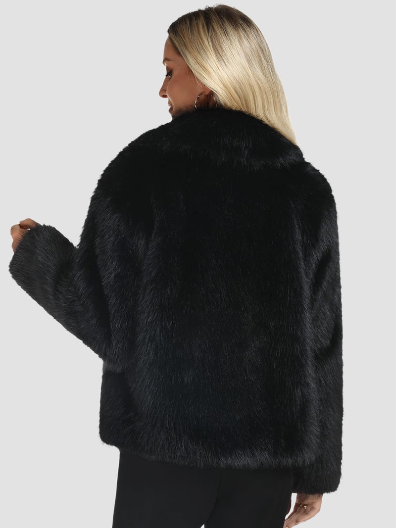Funlingo Womens Cropped Faux Fur Coat Winter Casual Lapel Long Sleeve Shaggy Jacket Warm Outerwear Black 2XL - Image 2