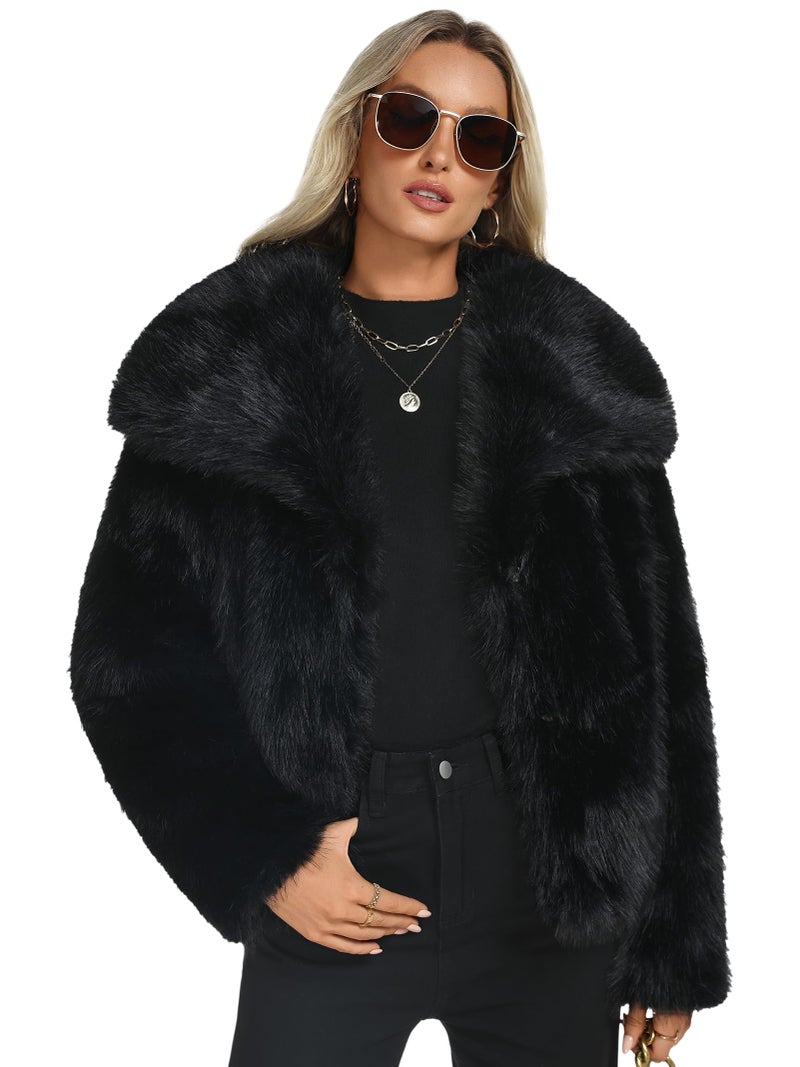 Funlingo Womens Cropped Faux Fur Coat Winter Casual Lapel Long Sleeve Shaggy Jacket Warm Outerwear Black 2XL - Image 1
