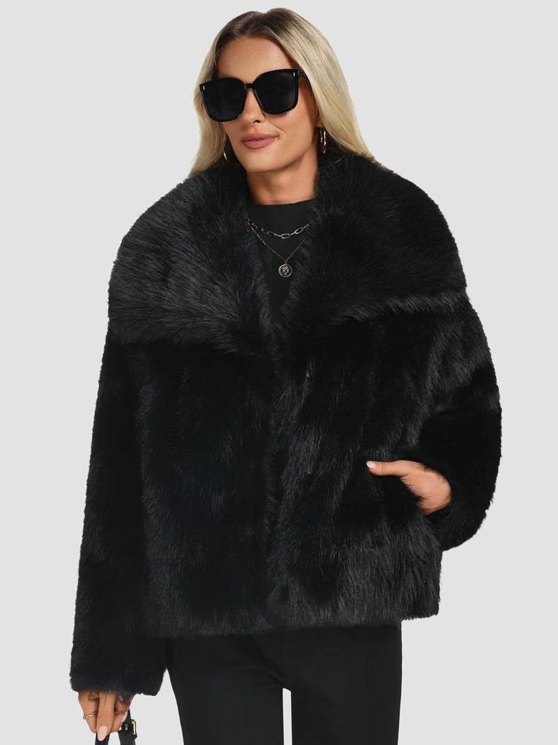 Funlingo Womens Cropped Faux Fur Coat Winter Casual Lapel Long Sleeve Shaggy Jacket Warm Outerwear Black 2XL - Image 3