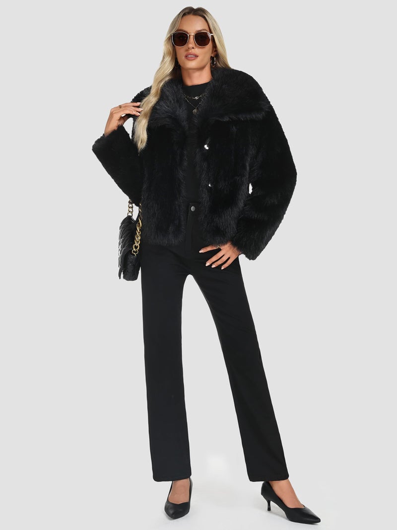 Funlingo Womens Cropped Faux Fur Coat Winter Casual Lapel Long Sleeve Shaggy Jacket Warm Outerwear Black 2XL - Image 5