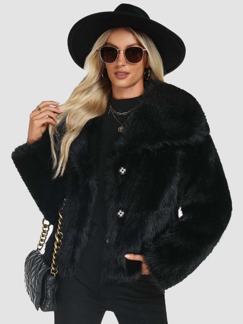 Funlingo Womens Cropped Faux Fur Coat Winter Casual Lapel Long Sleeve Shaggy Jacket Warm Outerwear Black 2XL - Image 4