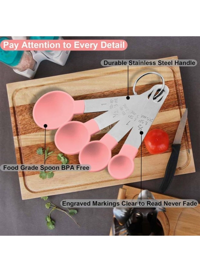 Measuring Cups and Spoons Set of 8, Stainless Steel Handles Stackable Precision Large Spoon for Measuring Dry and Liquid Ingredients, Plastic Head Teaspoon (Pink) - Image 3