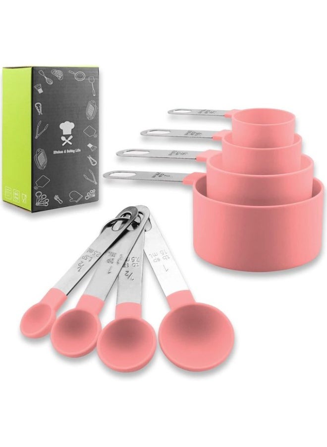 Measuring Cups and Spoons Set of 8, Stainless Steel Handles Stackable Precision Large Spoon for Measuring Dry and Liquid Ingredients, Plastic Head Teaspoon (Pink) - Image 2