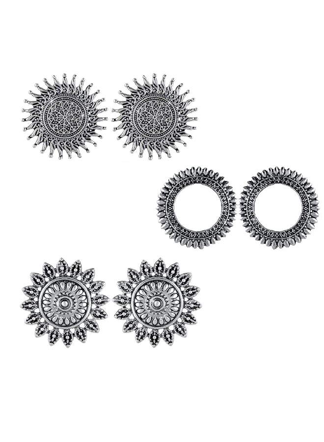 تشيميز أصفر مجموعة مكونة من 3 أزواج من الأقراط التقليدية المصنوعة من الفضة الألمانية المؤكسدة على الطراز الأفغاني الكشميري للنساء والفتيات - Image 1