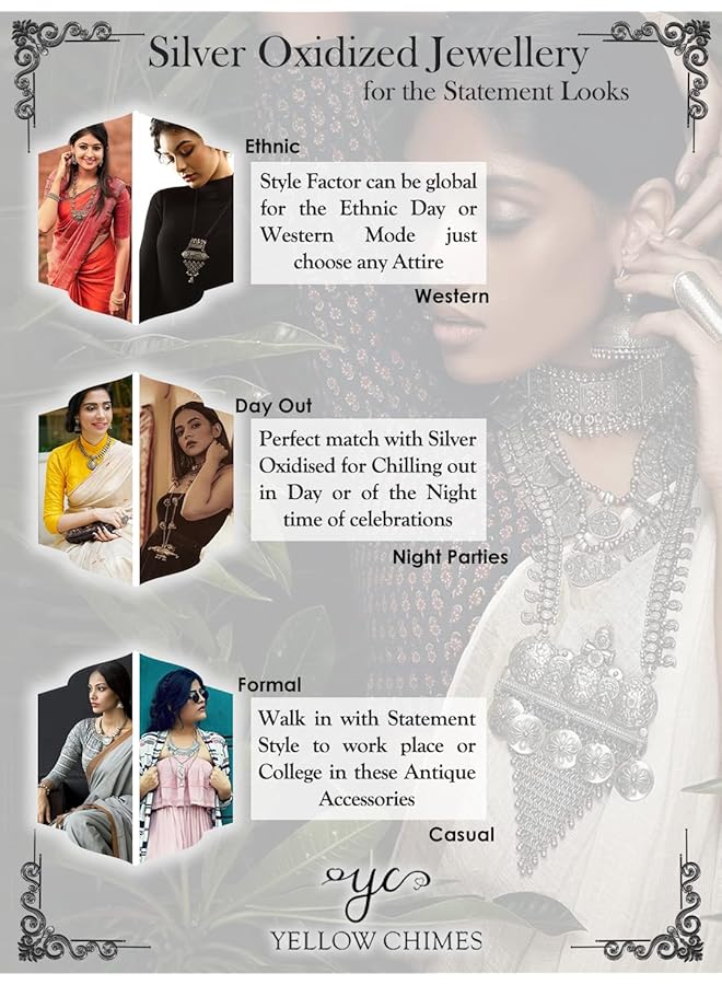 تشيميز أصفر مجموعة مكونة من 3 أزواج من الأقراط التقليدية المصنوعة من الفضة الألمانية المؤكسدة على الطراز الأفغاني الكشميري للنساء والفتيات - Image 5