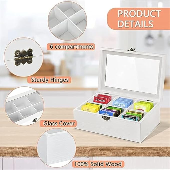 أكس سبرينج صندوق تخزين منظم لأكياس الشاي مكون من 6 أقسام، صندوق تخزين للشاي، منظم لأكياس الشاي والقهوة مع غطاء شفاف بمفصلة، ​​صندوق تخزين منظم للمجوهرات لأي منزل أو مطعم أو مكتب - Image 3