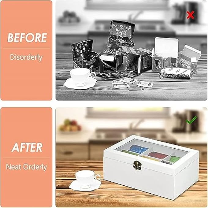 أكس سبرينج صندوق تخزين منظم لأكياس الشاي مكون من 6 أقسام، صندوق تخزين للشاي، منظم لأكياس الشاي والقهوة مع غطاء شفاف بمفصلة، ​​صندوق تخزين منظم للمجوهرات لأي منزل أو مطعم أو مكتب - Image 5