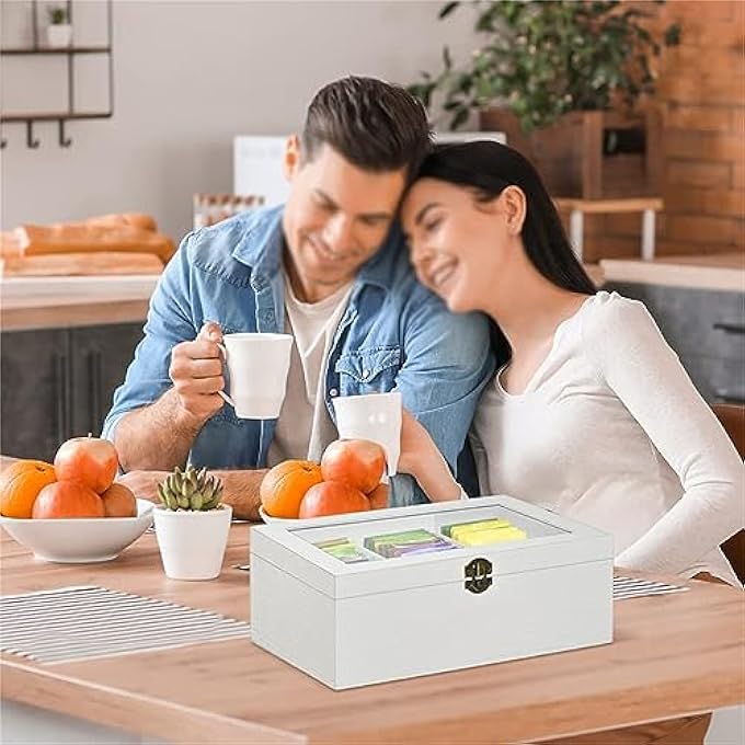أكس سبرينج صندوق تخزين منظم لأكياس الشاي مكون من 6 أقسام، صندوق تخزين للشاي، منظم لأكياس الشاي والقهوة مع غطاء شفاف بمفصلة، ​​صندوق تخزين منظم للمجوهرات لأي منزل أو مطعم أو مكتب - Image 4