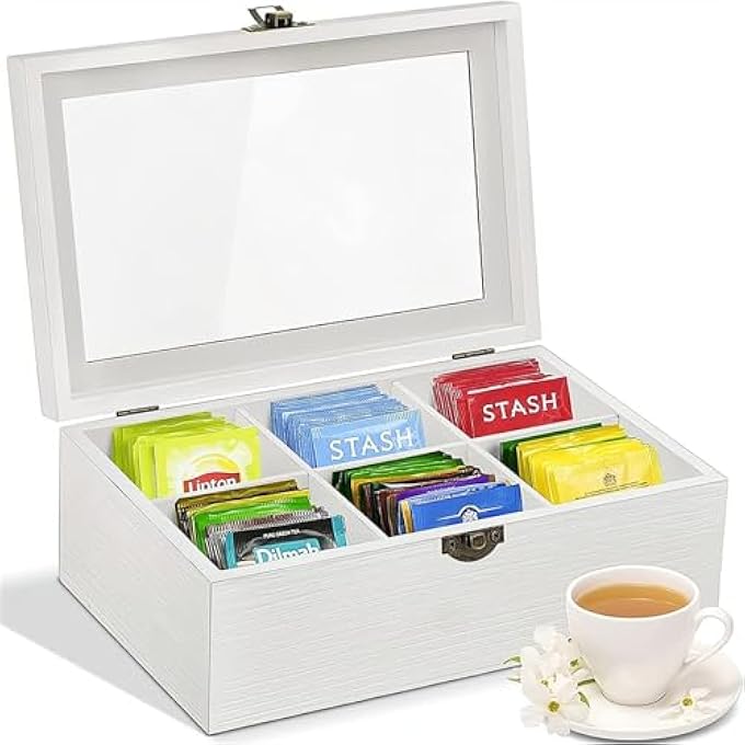 أكس سبرينج صندوق تخزين منظم لأكياس الشاي مكون من 6 أقسام، صندوق تخزين للشاي، منظم لأكياس الشاي والقهوة مع غطاء شفاف بمفصلة، ​​صندوق تخزين منظم للمجوهرات لأي منزل أو مطعم أو مكتب - Image 1
