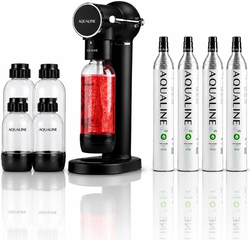 Aqualine Essence Pro Sparkling Water Maker, Diamond Kit | Home Soda Maker, Sparkles Any Drink | Fizz Infuser | 4x 60L CO2 Cylinders, 3x 1L & 2x 500ml Bottles | Proudly Saudi | Black - Image 1