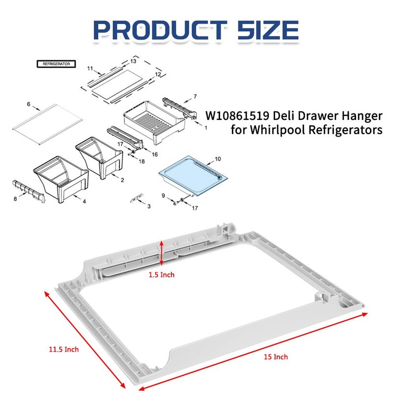 KOZHOM [Upgraded] W10861519 Deli Drawer Hanger, Refrigerator Meat Drawer Shelf Holder for Whirlpool WRT148/WRT311/WRT318, Replaces W10628698, 4382323, AP5999492 - Image 2